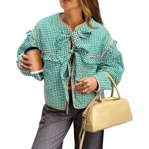 Women’s Green Plaid Quilted Cropped Jacket Tie Front Ruffled Puffer Coat